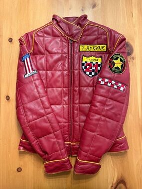 Avenue Women’s Quilted Red Leather Jacket with Racing Patches